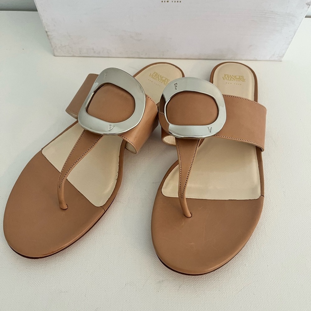 Frances Valentine Noel Camel Patent Leather Thong Sandal with Silver Accent